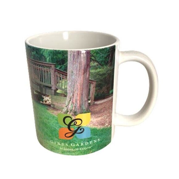 NEW Gibbs Gardens Coffee Mug Colorful Ceramic Bridge Stream Hydrangea Flowers - Picture 1 of 8